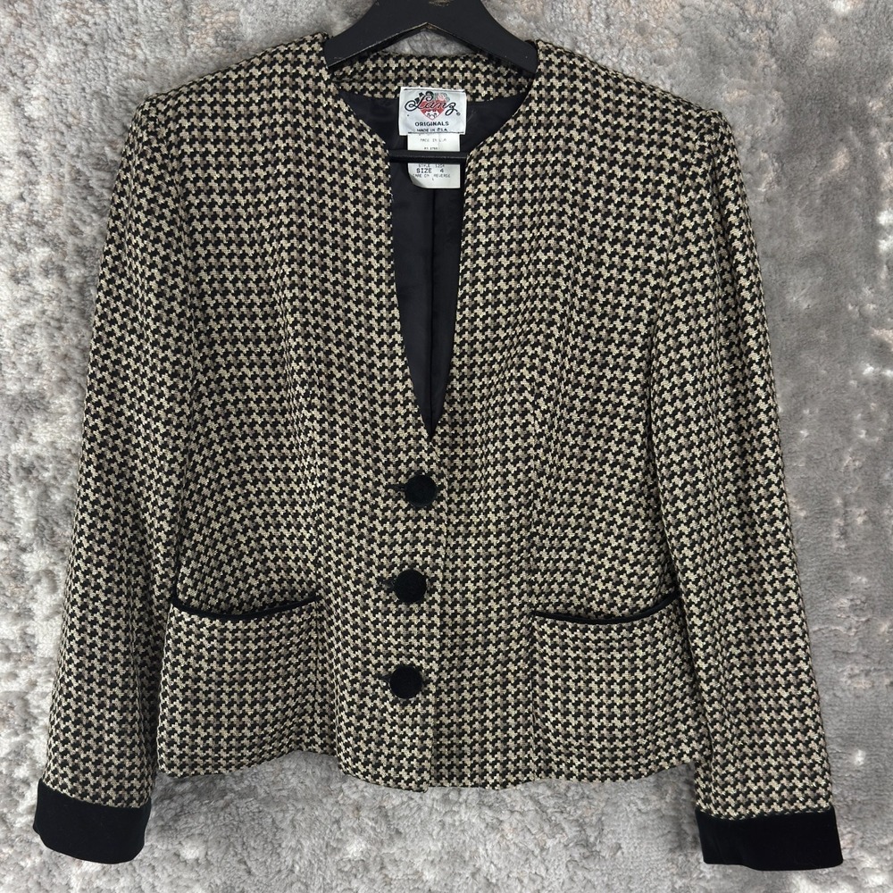 Lanz Size‎ 4 Career Geometric V Neck Button Blazer Jacket Pocket Lined